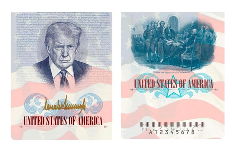 Ein limitierter US-Gedenkpass mit einem Bild von US-Präsident Trump wird vom Außenministerium präsentiert.