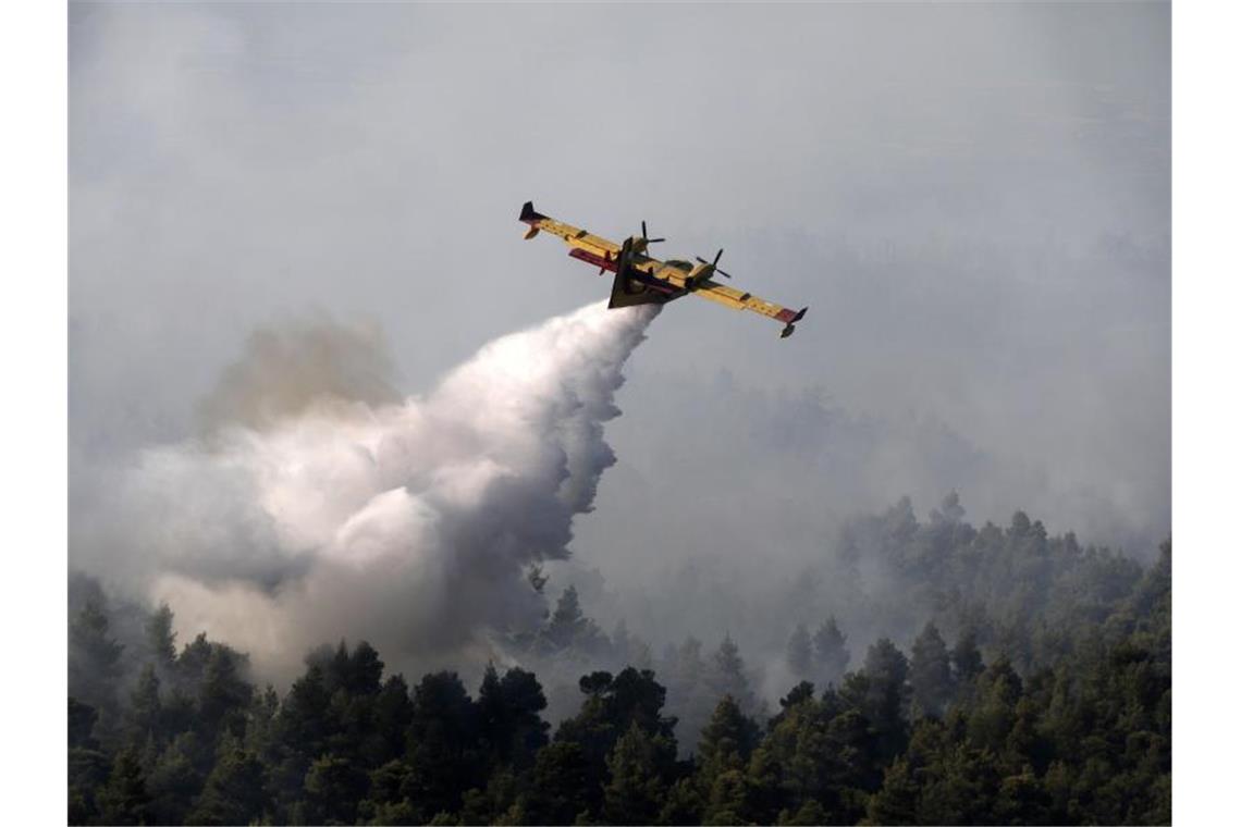 Ein Löschflugzeug lässt Wasser über einem Wald auf der griechischen Insel Euböa ab. Foto: Yorgos Karahalis/AP