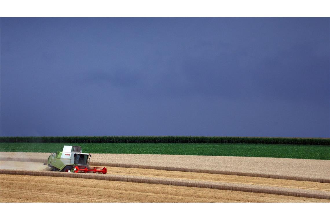 Bilder des Tages Ein Mähdrescher fährt unter aufziehenden Gewitterwolken über ein Getreidefeld in Ochsenfurt.