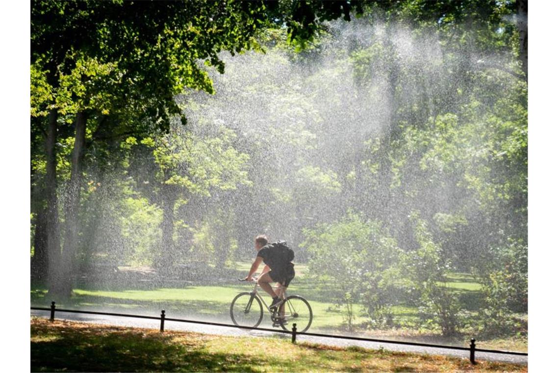 Heiß und gewittrig: Deutschland schwitzt weiter Ein Mann fährt auf dem Fahrrad im Berliner Tiergarten bei Hitze und Sonnenschein durch den Regen einer Bewässerungsanlage. Foto: Kay Nietfeld/dpa