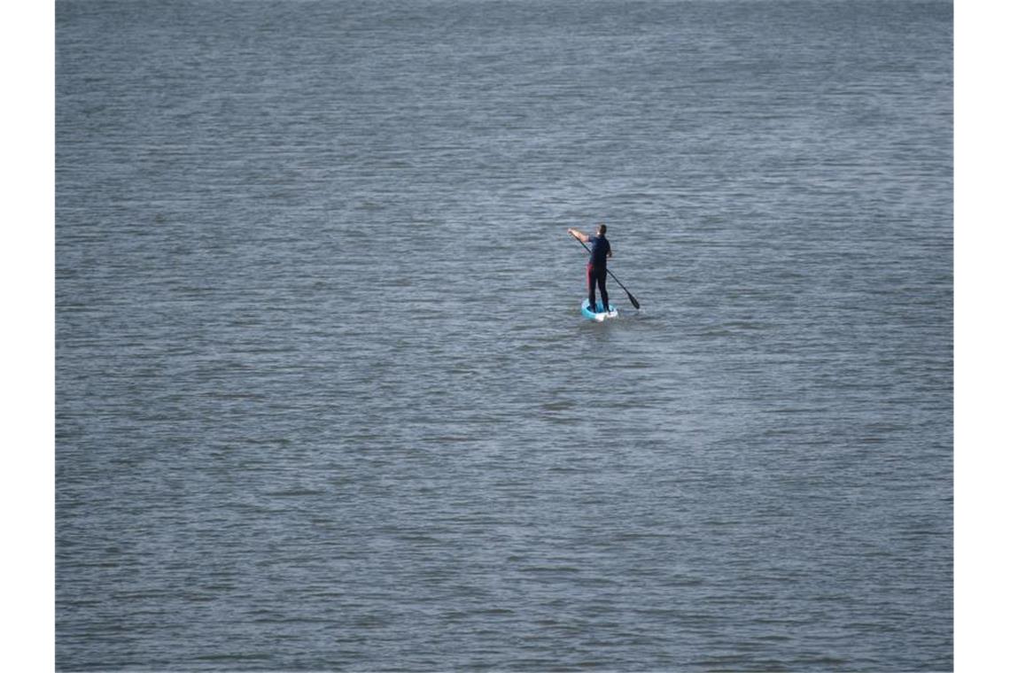 Ein Mann fährt auf dem Neckar mit einem Stand-Up Paddle. Foto: Marijan Murat/Archivbild