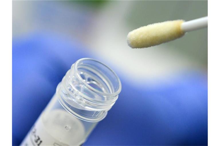 Ein Mann hält ein Stäbchen für einen Abstrich für einen Corona-Test über ein Röhrchen. Foto: Sebastian Gollnow/dpa/Symbolbild