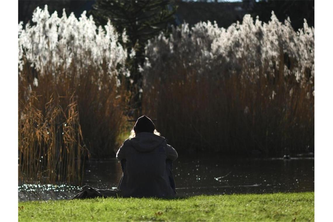 Ein Mann sitzt im Freiburger Stadtgarten bei Temperaturen um die 15 Grad in der Sonne. Foto: Patrick Seeger/dpa/Archivbild