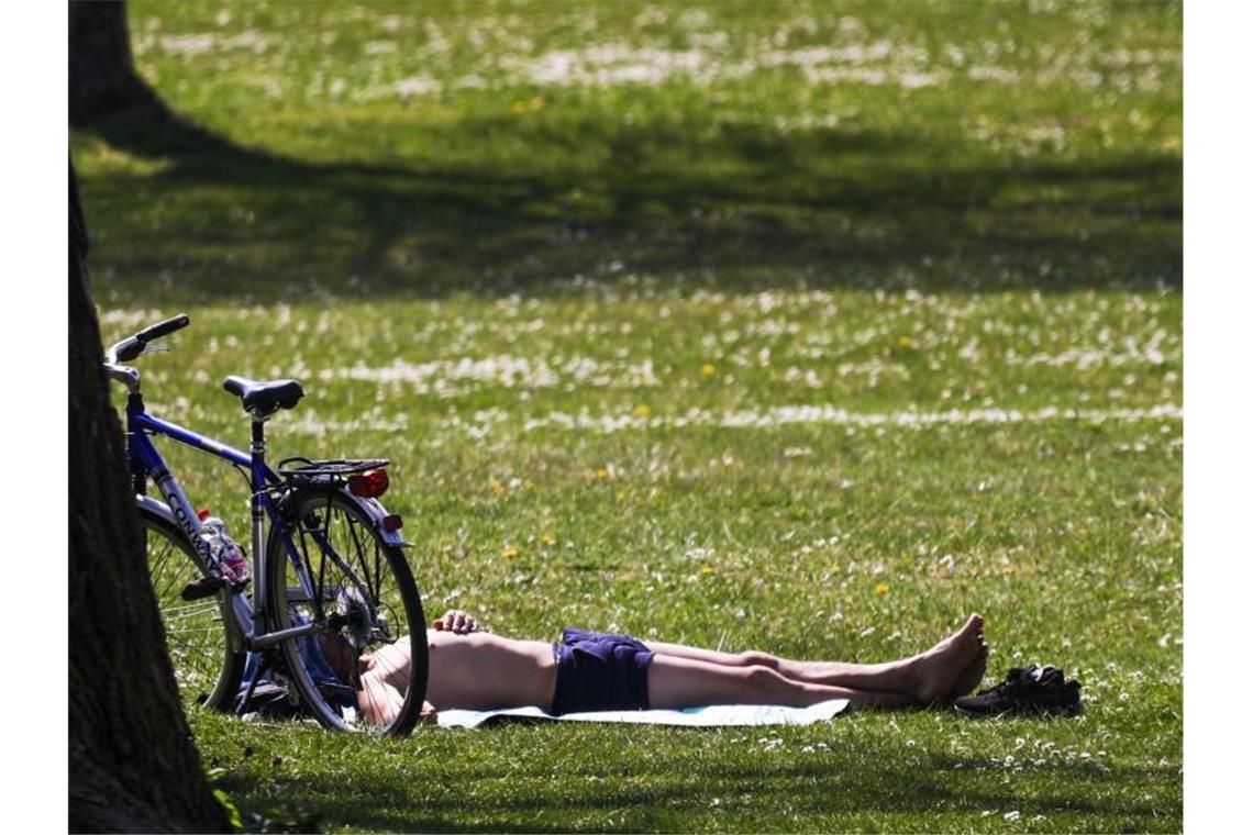 Temperaturen klettern auf über 30 Grad Ein Mann sonnt sich auf einer Wiese am Max-Eyth-See. Foto: Christoph Schmidt/dpa/Archivbild
