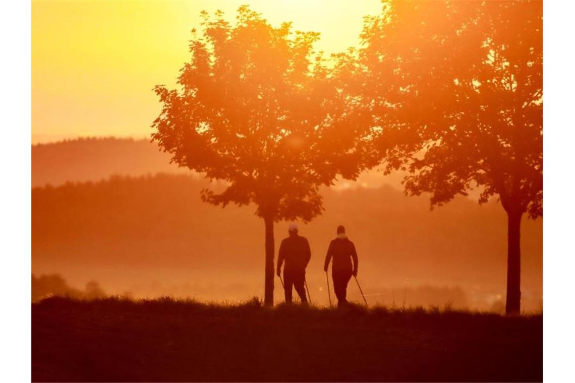 Ein Mann und eine Frau sind am Morgen im Gegenlicht der Sonne mit Nordic Walking Stöcken unterwegs. Foto: Thomas Warnack/dpa/Archivbild