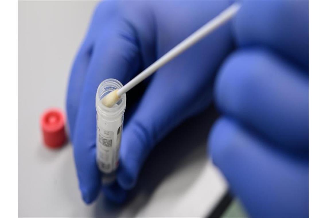 Sieben-Tage-Inzidenz im Südwesten geht weiter nach oben Ein Mann zeigt einen Abstrich für das Testverfahren auf das Virus Sars-CoV-2. Foto: Sebastian Gollnow/dpa/Symbolbild