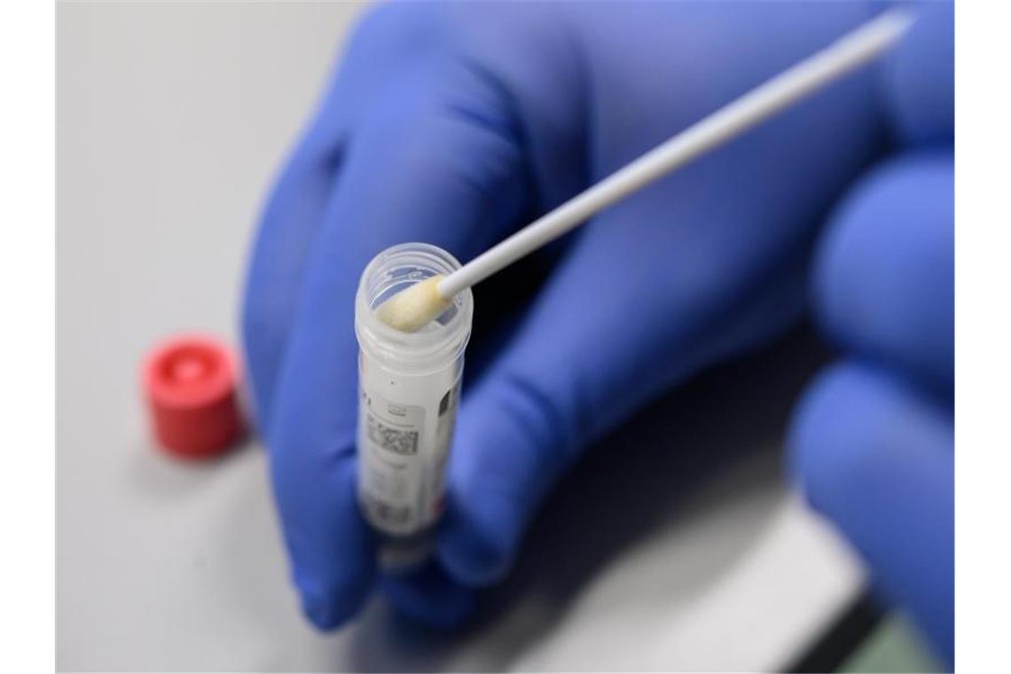 Ein Mann zeigt einen Abstrich für das Testverfahren auf das Virus SARS-CoV-2. Foto: Sebastian Gollnow/dpa/Symbolbild