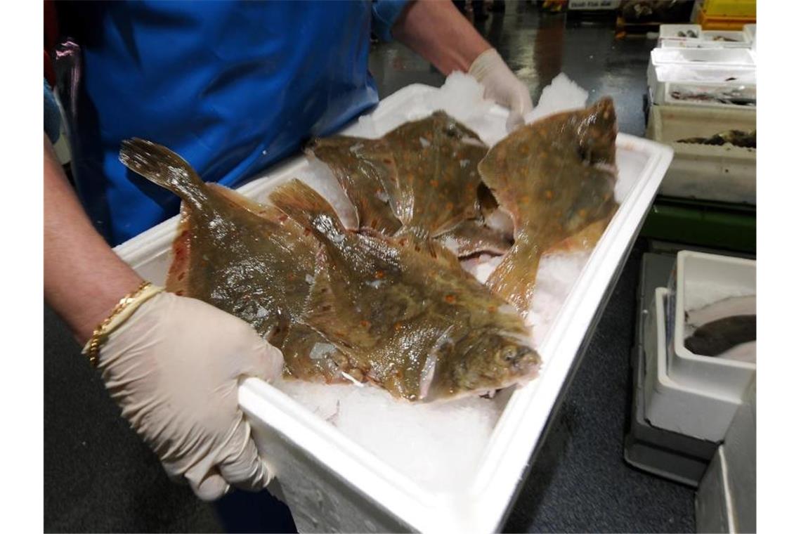 Ein Mitarbeiter trägt eine Eisbox mit fangfrischen Schollen durch die Halle des Hamburger Fischmarktes. Foto: picture alliance / dpa