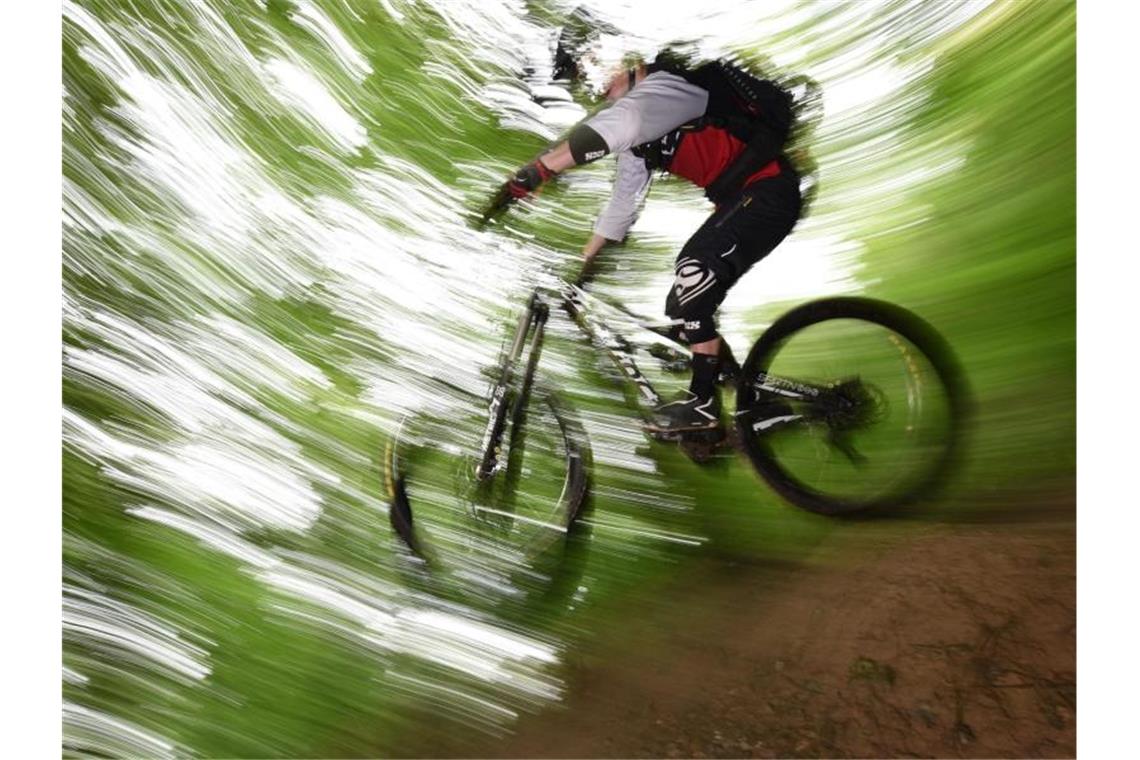 Ein Mountainbiker springt auf dem Canadian Trail bei Freiburg durch den Wald. Foto: picture alliance / dpa/Symbolbild