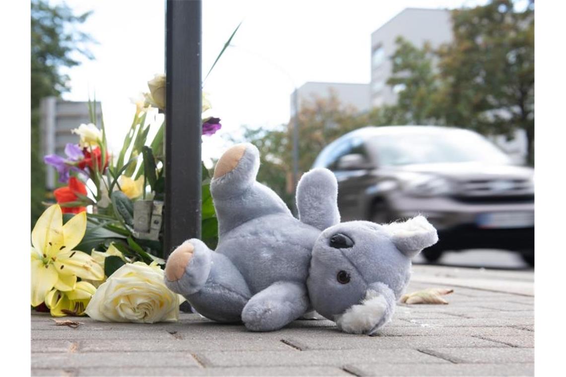 Ein Plüschtier und Blumen liegen nach dem schweren Verkehrsunfall am Unfallort in Dresden. Foto: Sebastian Kahnert/dpa-Zentralbild/dpa