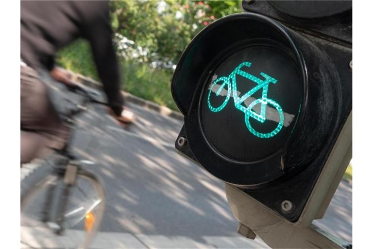 Ein Radfahrer fährt auf der Theodor-Heuss-Straß an einer grünen Fahrradampel vorbei. Foto: Gregor Bauernfeind/dpa