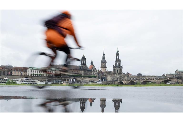 Ein Radfahrer in Dresden am Ufer der Elbe.
