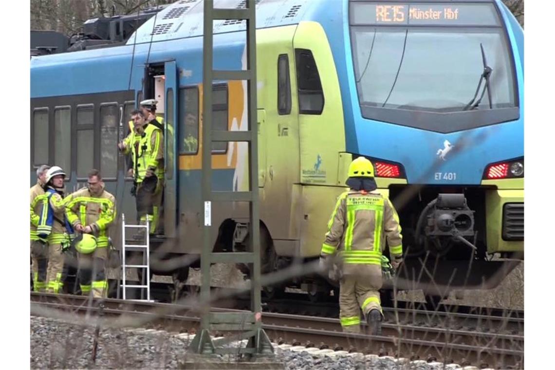 Sturmflut und Sperrungen durch Tief „Victoria“ Ein Regional-Express bei Rheine. Der Zug musste halten und wurde geräumt, nachdem umgestürzte Bäume die Strecke zwischen Rheine und Salzbergen blockiert hatten. Foto: -/Nord-West-Media TV/dpa
