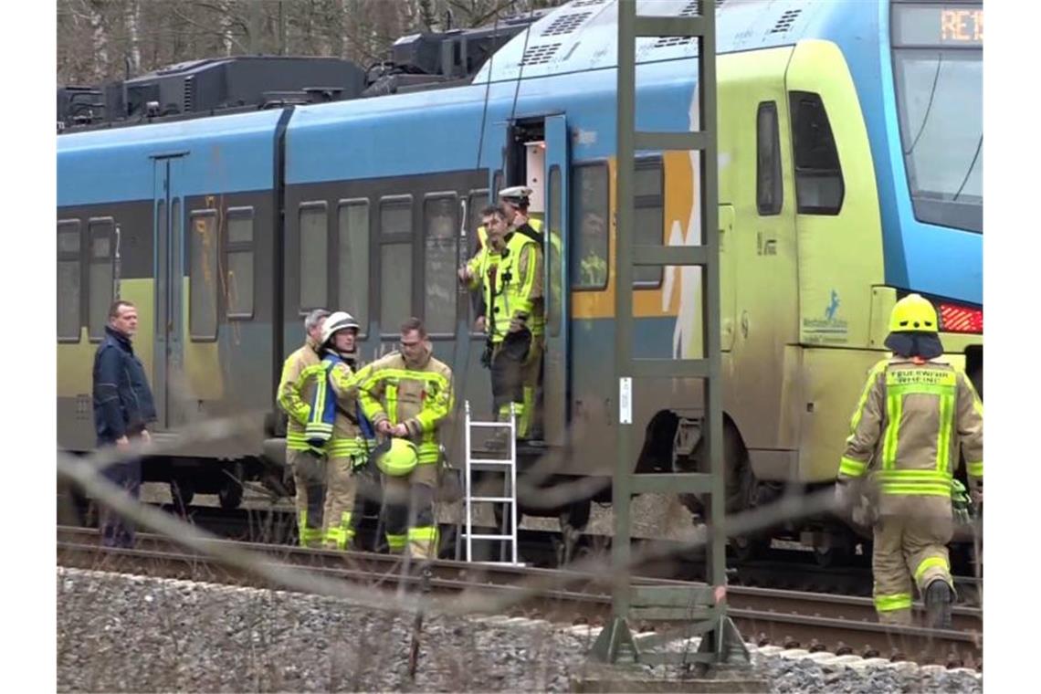 Ein Regional-Express steht auf einem Gleis bei Rheine. Der Zug musste halten und wurde geräumt, nachdem umgestürzte Bäume die Bahngleise auf der Strecke zwischen Rheine und Salzbergen blockiert hatten. Foto: -/Nord-West-Media TV/dpa