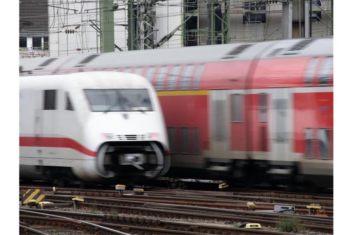 Ein Regionalexpresszug und ein ICE der Deutschen Bahn fahren in einen Hauptbahnhof ein. Foto: Henning Kaiser/dpa/Archivbild
