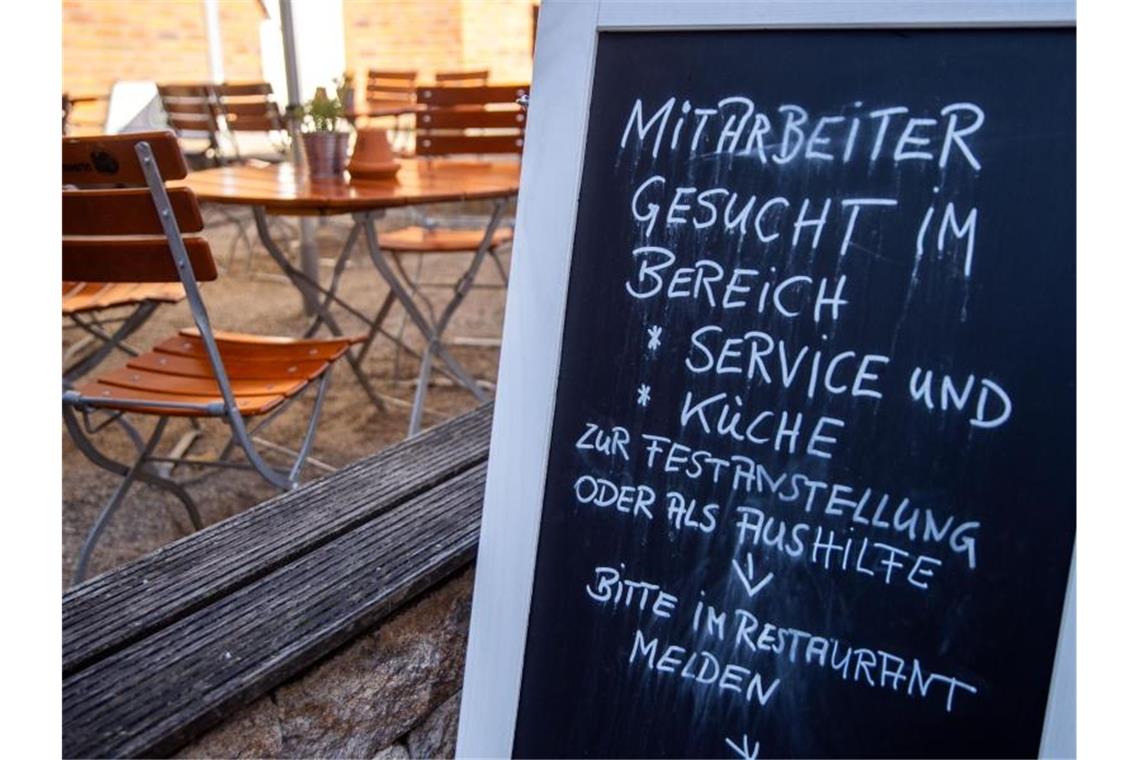 Wirtschaft warnt vor Verschärfung des Fachkräftemangels Ein Restaurant in der Schweriner Altstadt sucht nach Mitarbeitern für den Service- und Küchenbereich. Foto: Jens Büttner/dpa-Zentralbild/dpa