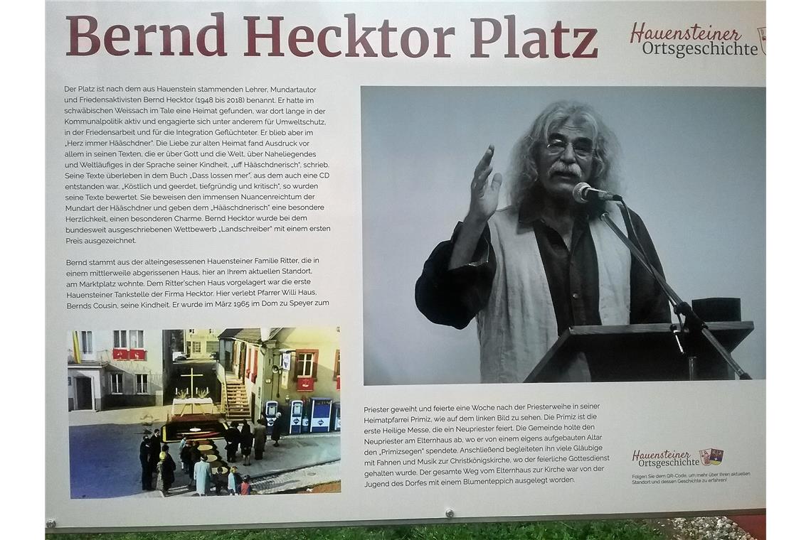 Platz in der Pfalz nach Bernd Hecktor benannt Ein Schild erklärt, weshalb der Platz nach Bernd Hecktor benannt worden ist.