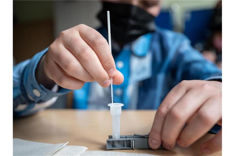 Ein Schüler führt in einer Klasse in Rheinland-Pfalz einen Corona-Schnelltest durch. Foto: Sebastian Gollnow/dpa
