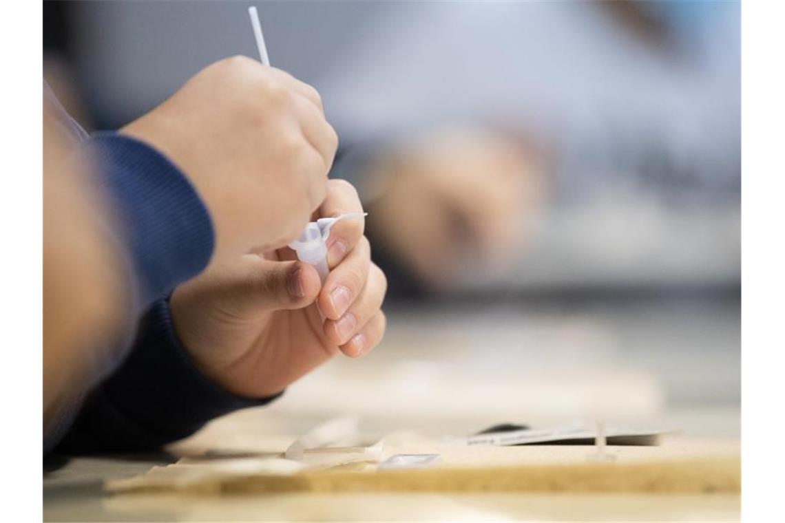 Ein Schüler macht an einer Grundschule einen Corona-Schnelltest. Foto: Sebastian Gollnow/dpa