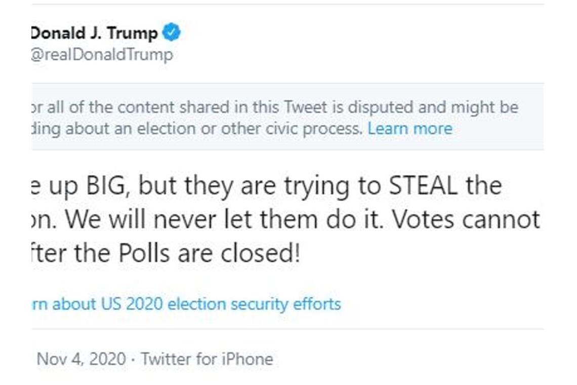 US-Präsidentenwahl: Biden gewinnt wichtige Bundesstaaten Ein Screenshot eines Tweets von US-Präsident Trump, der in der Nacht der US-Wahl über die Stimmabgabe nach Abschluss der Umfragen gepostet wurde. Foto: Twitter/PA Media/dpa