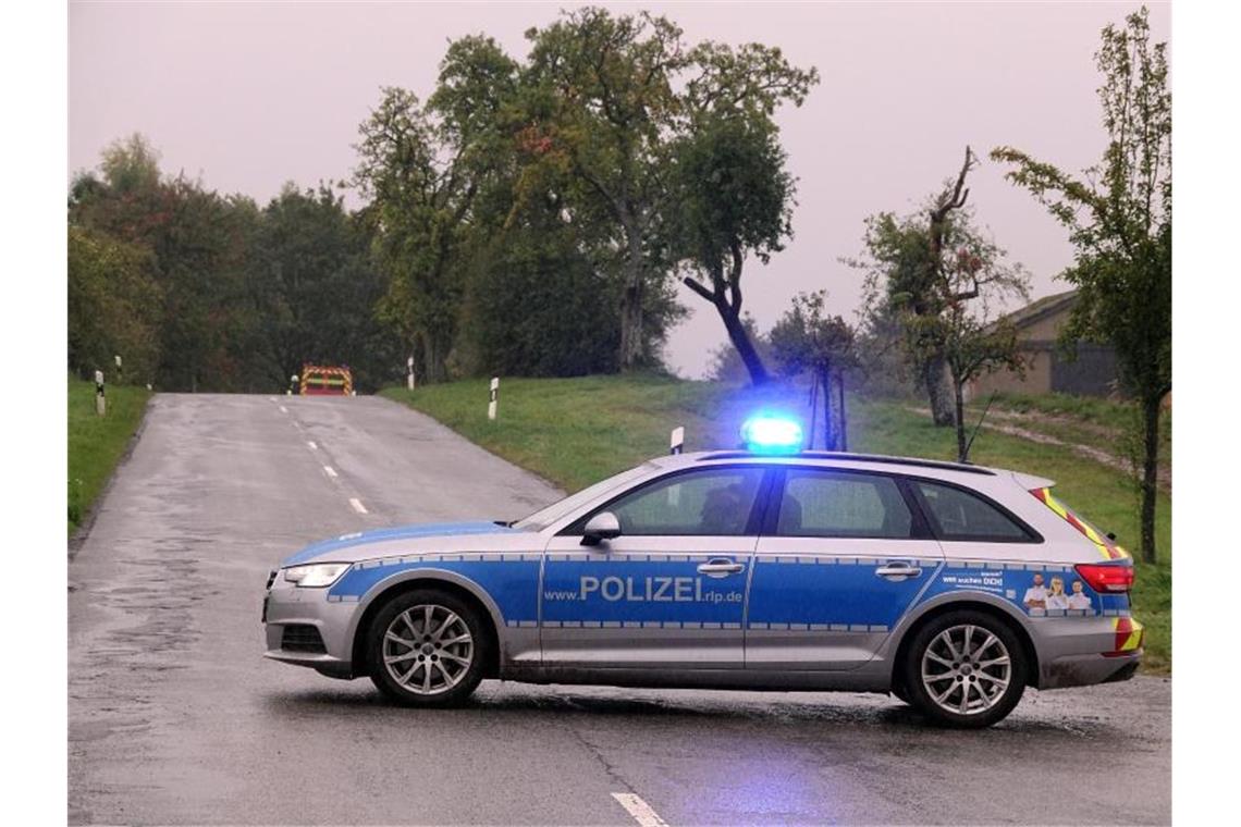 Ein Streifenwagen steht mit Blaulicht auf einer Straße. Foto: Harald Tittel/dpa/Symbolbild