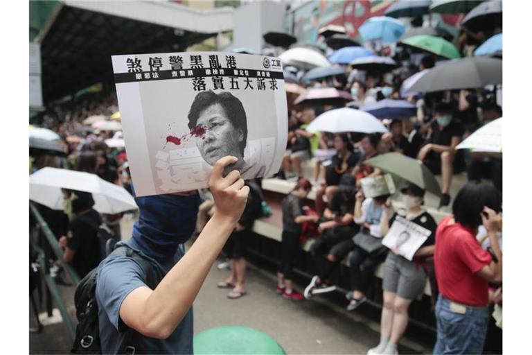 Ein Teilnehmer eines prodemokratischen Demonstrationszuges mit einem Bild der Regierungschefin von Hongkong. Foto: Jae C. Hong/AP