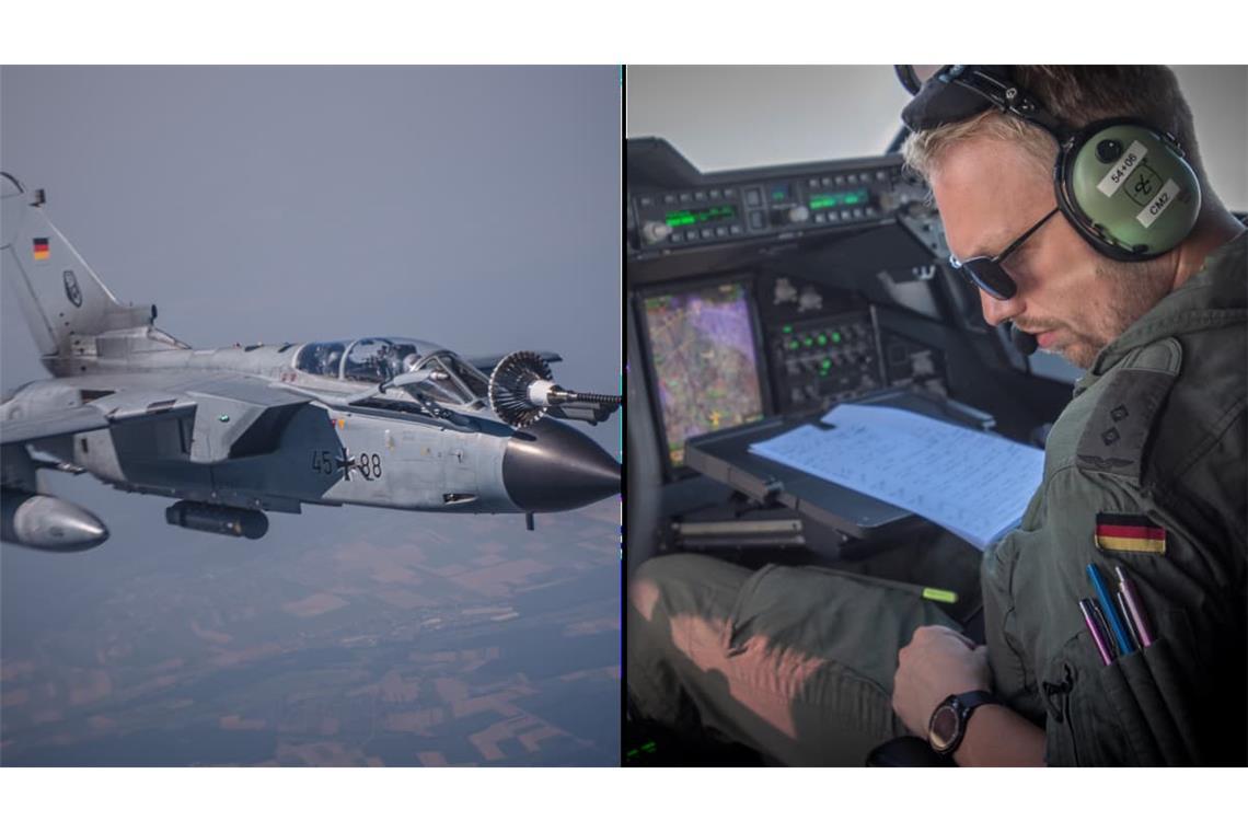 Ein Tornado-Kampfjet dockt an - im Cockpit der A400M koordiniert Oberleutnant Max die Betankung.