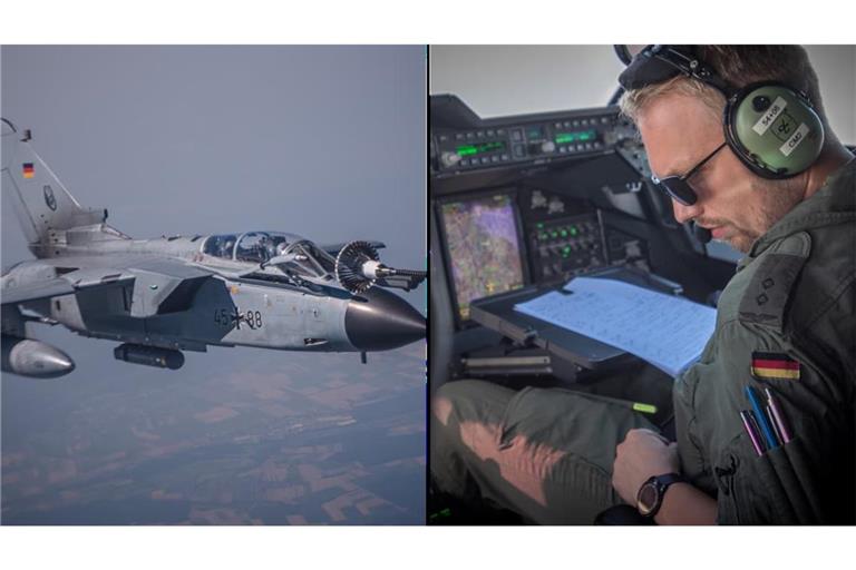 Ein Tornado-Kampfjet dockt an - im Cockpit der A400M koordiniert Oberleutnant Max die Betankung.