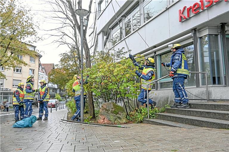 Ein Trupp vom Ortsverband Neuhausen bringt das Kabel mit Drahtgabeln in der Innenstadt an. Die Teams nutzen oftmals Bäume, um die Kabel auf eine Höhe zu bringen, in der Fußgänger und Autos nicht mit den Leitungen in Berührung kommen.  Fotos: Tobias Sellmaier