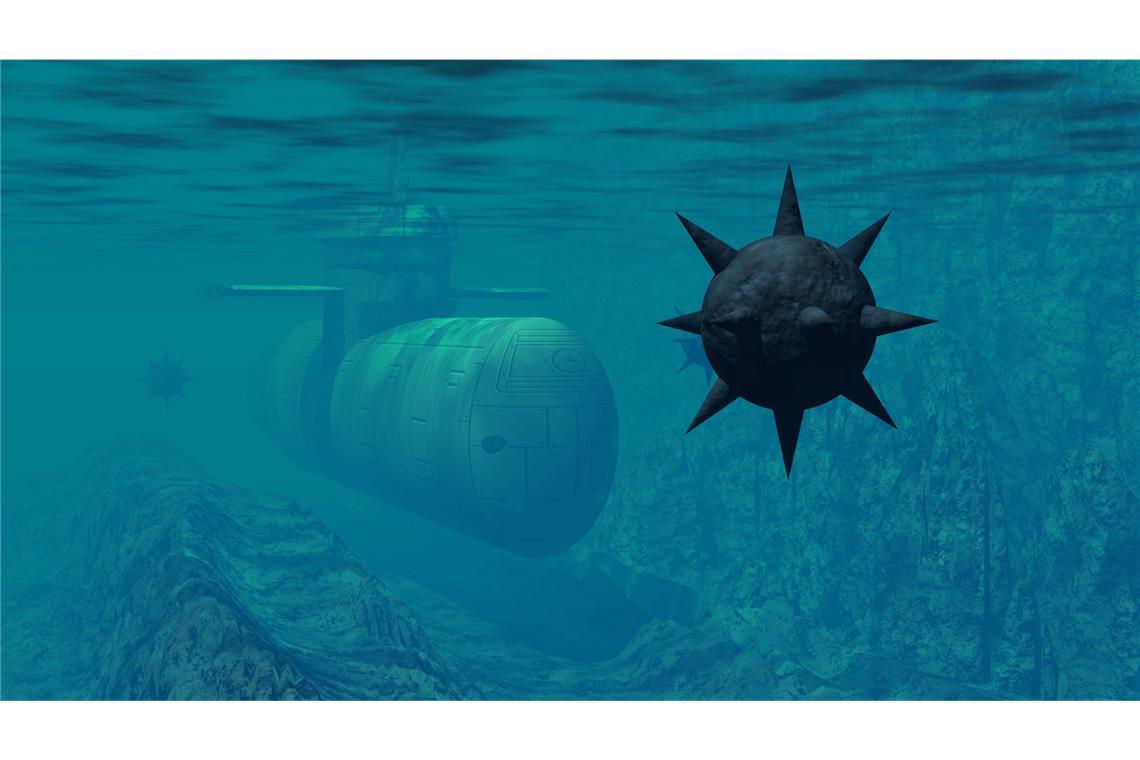 Ein U-Boot trifft am Meeresgrund auf eine Seemine (3D-Illustration).
