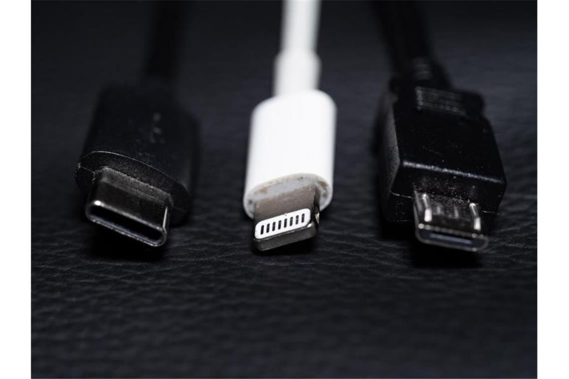 USB-C soll Standard in Handys, Tablets und Co werden Ein USB-C (l-r), ein Apple Lightning und ein Micro-USB Kabel (l-r) liegen nebeneinander. Foto: Mohssen Assanimoghaddam/dpa