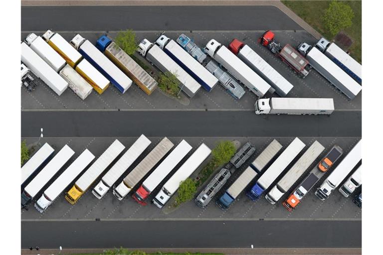 Ein vollbesetzter Parkplatz für Lkw. Foto: Ralf Hirschberger/dpa-Zentralbild/dpa/Archivbild