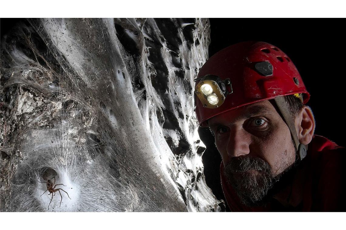 Ein Wissenschaftler vor dem riesigen Spinnennetz