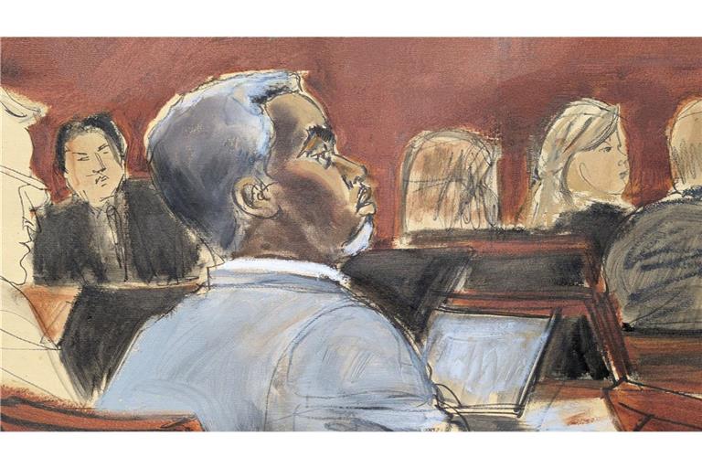 Ein Zeichnung vom ersten Prozesstag in New York zeigt P. Diddy mit grauen Haaren.