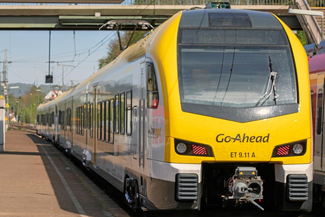 Verkehrszeichen auf Gleise gelegt Ein Zug der Firma GoAhead hat die beiden Verkehrszeichen überfahren. Archivfoto: Alexander Becher