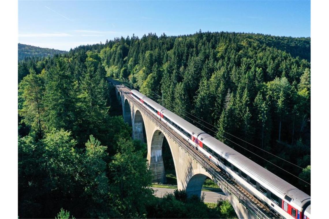Ein Zug fährt über die Einöd-Talbrücke bei Hattingen. Foto: Felix Kästle