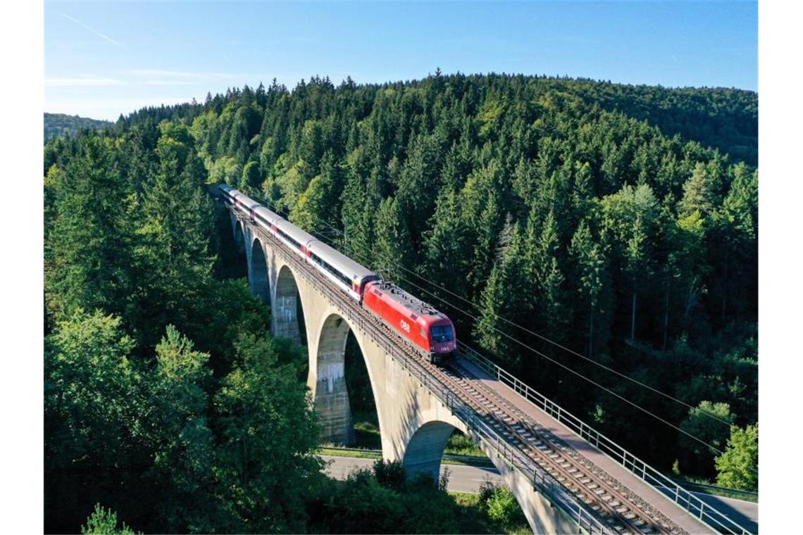 Ein Zug fährt über die Einöd-Talbrücke bei Hattingen. Aufnahme mit Drohne. Foto: Felix Kästle/Archivbild