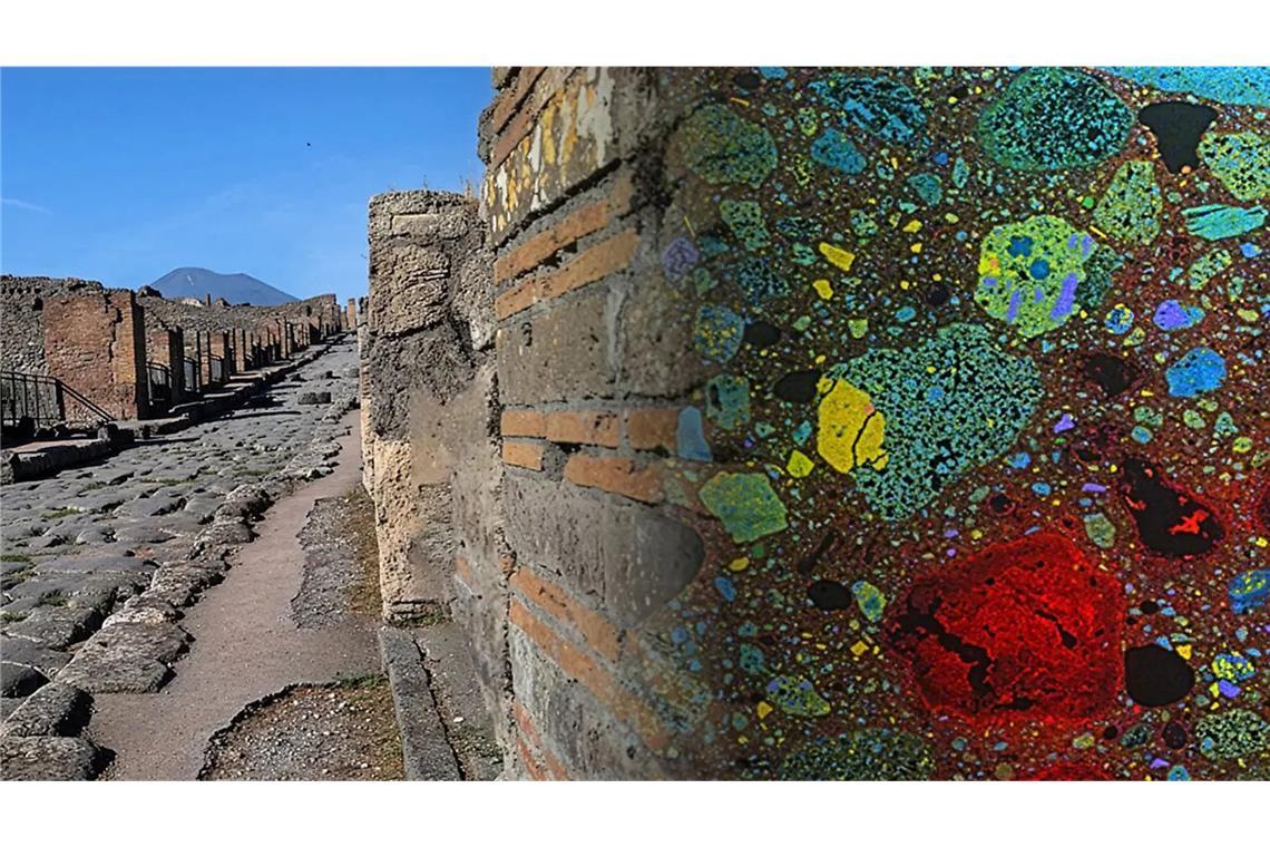 Eine antike Mauer aus Pompeji an einer neu ausgegrabenen Stätte, an der Admir Masic eine Zusammensetzungsanalyse (r., Bild überlagert) durchführte, um zu verstehen, wie die alten Römer Beton herstellten, der Tausende von Jahren überdauert hat.