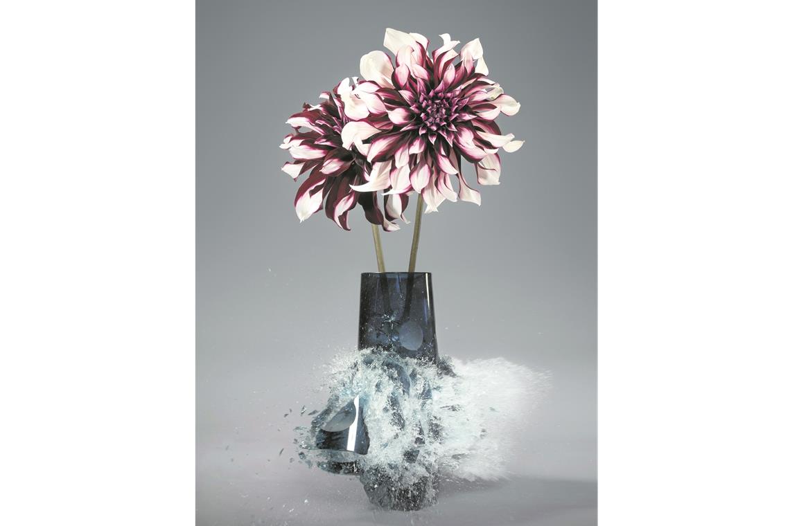 Florale Bildwelten von 35 Künstlern Eine Arbeit von Martin Klimas aus dem Jahr 2018, Courtesy Galerie Cosar HMT, die in der aktuellen Ausstellung der Galerie Stihl zu sehen ist: Ein Schlag auf den Strauß mit Dahlien. Foto: M. Klimas