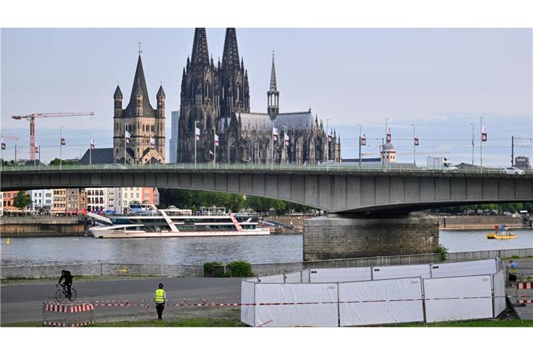 Eine der Fundstellen am Rhein – im Hintergrund der Kölner Dom.