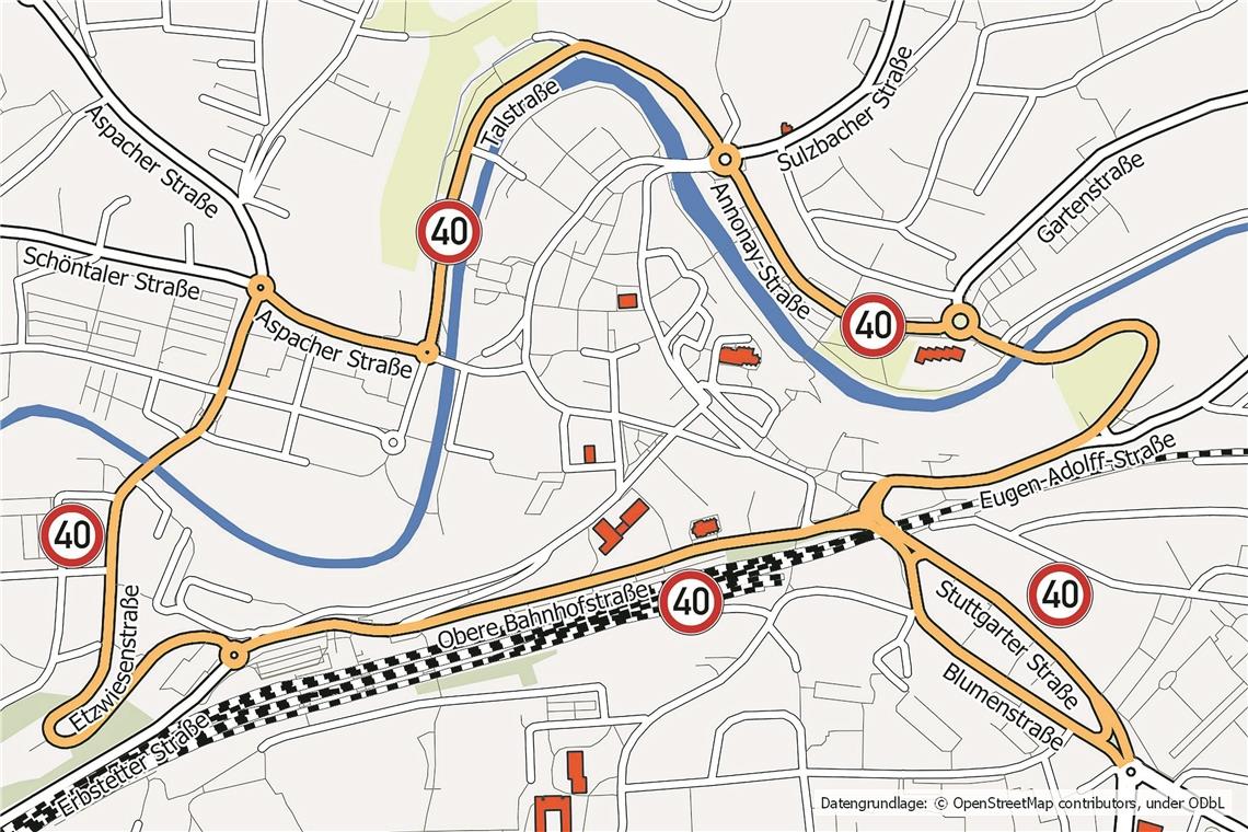 Tempo 40 auf dem ganzen Innenstadtring Eine einheitliche Geschwindigkeit auf dem gesamten Innenstadtring soll dem Verkehr zum gleichmäßigen Fließen verhelfen. Dies hat zur Folge, dass die beiden 30er-Zonen vor dem Famfutur und in der Oberen Bahnhofstraße aufgehoben werden. Karte: Stadtverwaltung