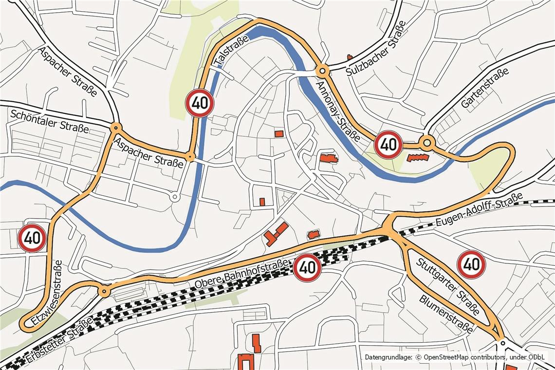 Eine einheitliche Geschwindigkeit auf dem gesamten Innenstadtring soll dem Verkehr zum gleichmäßigen Fließen verhelfen. Dies hat zur Folge, dass die beiden 30er-Zonen vor dem Famfutur und in der Oberen Bahnhofstraße aufgehoben werden. Karte: Stadtverwaltung