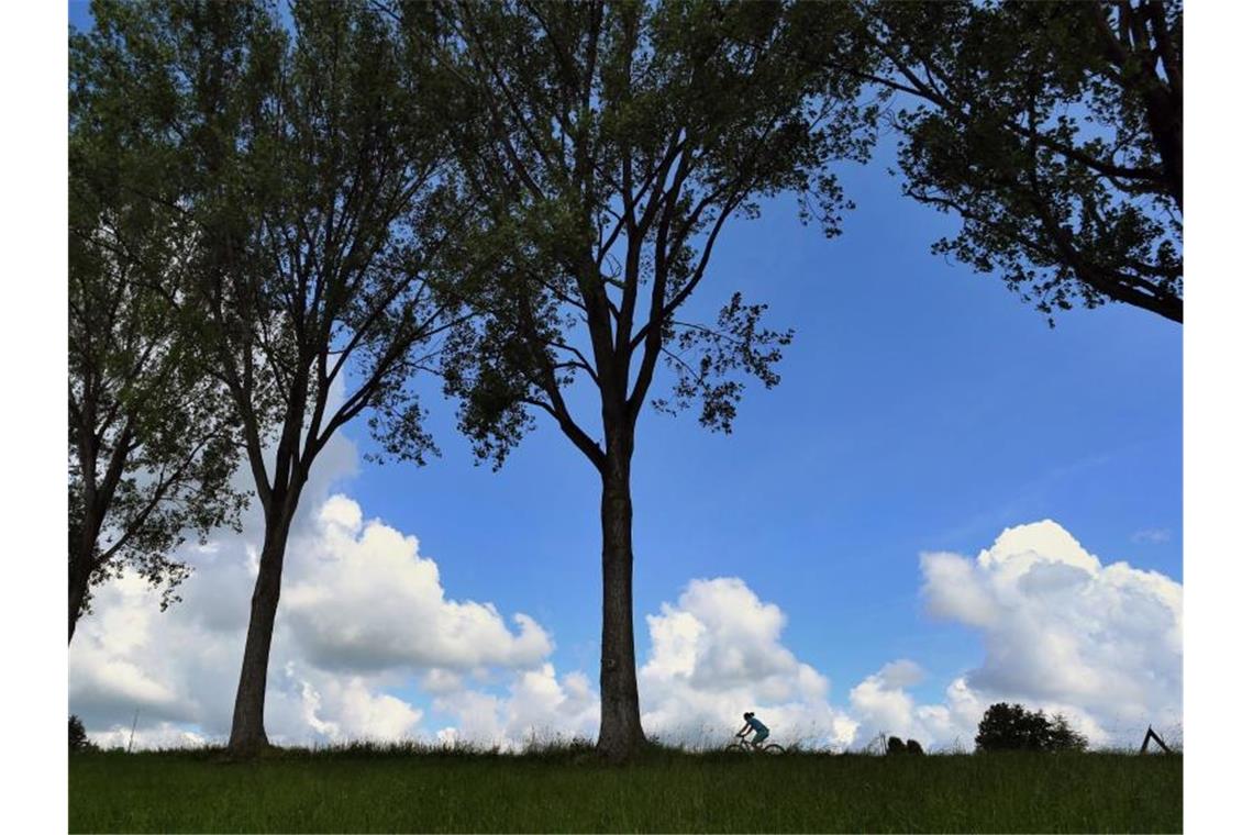 Eine Frau fährt auf ihrem Fahrrad vor dem teilweise mit Wolken überzogenen Himmel. Foto: Karl-Josef Hildenbrand/dpa/Symbolbild