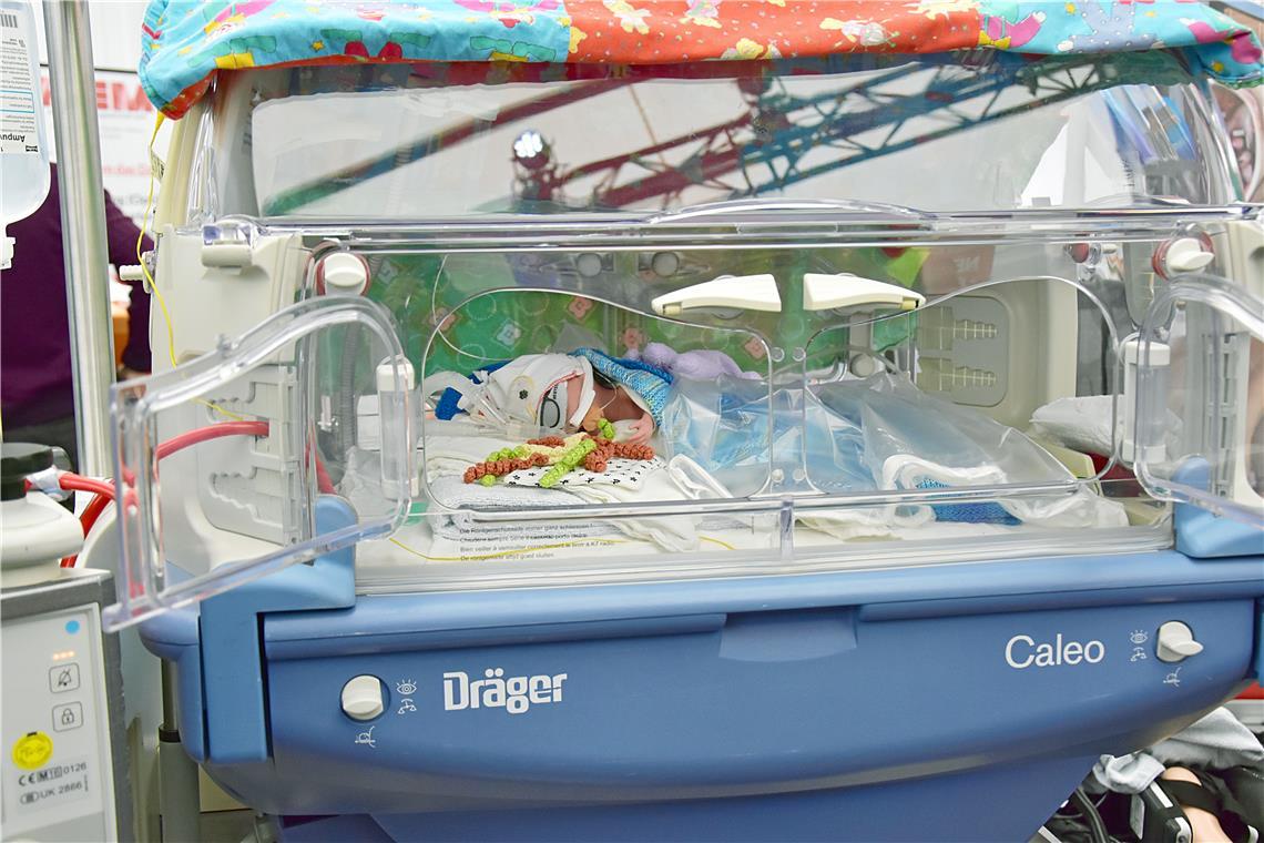 Eine Frühchen-Puppe in einem Brutkasten am Stand der Rems-Murr-Kliniken. Leistun...