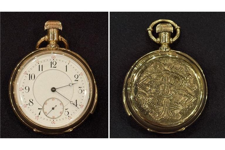 Eine goldene Titanic-Taschenuhr wurde für den Rekordpreis von mehr als 2 Millionen Euro versteigert. (Handout)