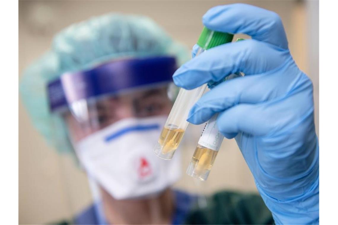 Eine Krankenpflegerin der Uniklinik Essen betrachtet in Schutzkleidung zwei Abstrichröhrchen. Foto: Bernd Thissen/dpa/Archivbild