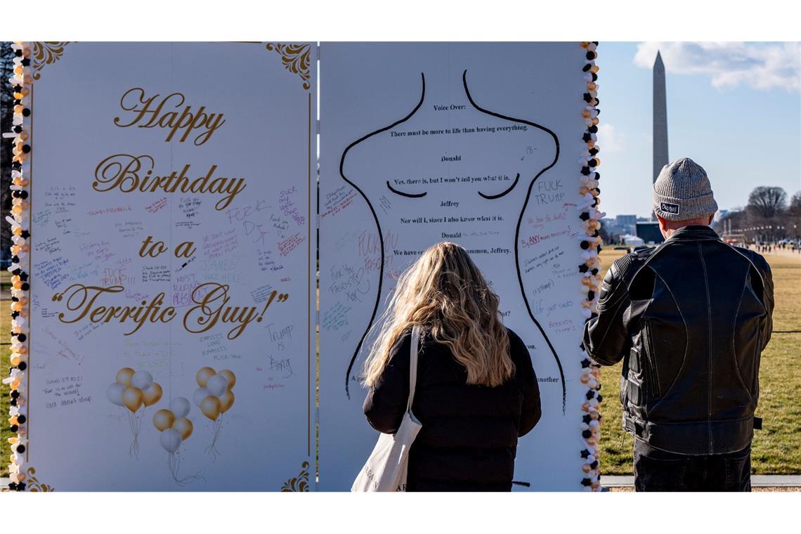 Eine Kunstinstallation zeigt eine angebliche Verbindung zwischen Epstein und Trump. (Archivbild)