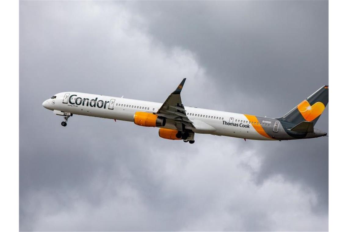 Condor: Andere Veranstalter belegen Plätze der Thomas Cook Eine Maschine der Fluggesellschaft Condor startet am Düsseldorfer Flughafen. Foto: Marcel Kusch/dpa