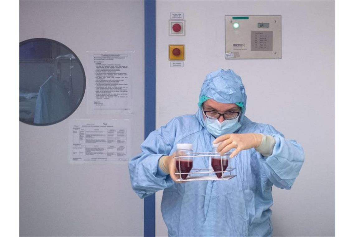 Eine Mitarbeiterin des Universitätsklinikums Tübingen hält Transplantate für Blutkrebspatienten in den Händen. Foto: Marijan Murat/Archiv
