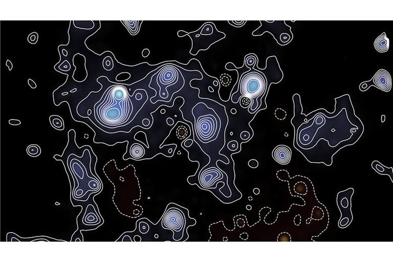 Eine neue Kartierung zeigt die Verteilung und Dichte Dunkler Materie so genau wie nie zuvor. Die Konturlinien verbinden Bereiche gleicher Dunkle-Materie-Dichte.